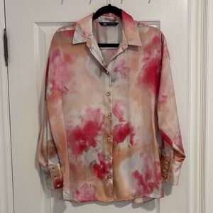 Zara Women's Red and Pink Button Down Shirt